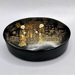 Antique Japanese Lacquer Oval Hinged Trinket Box Black Gold Gilt Figural Scene